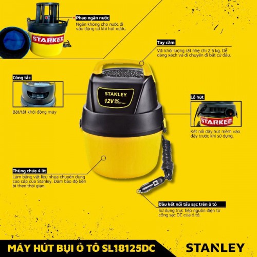 Máy hút bụi xe hơi ướt/khô Stanley 3.8L SL18125DC