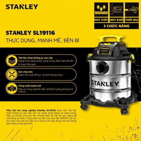 Máy hút bụi Công nghiệp 3 chức năng 23L Stanley SL19116 (3000W – 4HP)