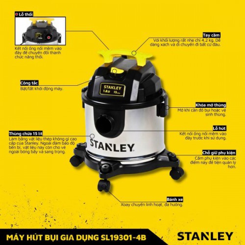 MÁY HÚT BỤI GIA DỤNG 3 CHỨC NĂNG 15L STANLEY SL19301- 4B (1300W – 1.8HP)