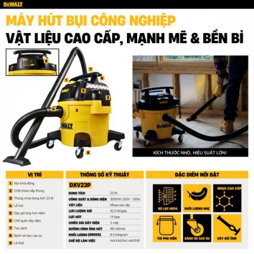 Máy hút bụi Công nghiệp 3 chức năng 23L Dewalt DXV23P (3000W – 4HP)