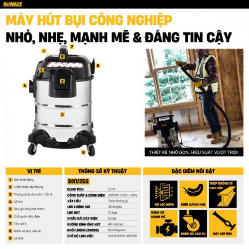 Máy hút bụi Công nghiệp 3 chức năng 25L Dewalt DXV25S (3000W – 4HP)