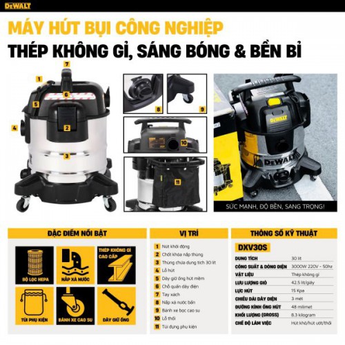 Máy hút bụi Công nghiệp 3 chức năng 30L Dewalt DXV30S (3000W – 4HP)