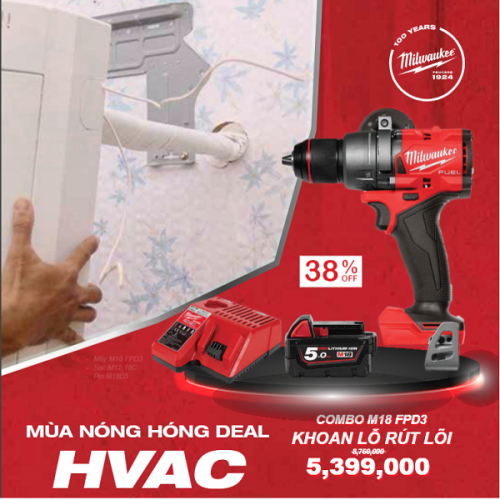 Combo Máy Khoan Rút Lõi Milwaukee M18 FBD3 - Chính Hãng - Kèm Pin M18B5 & Sạc M12-18C - Phù Hợp Cho Kỹ Thuật Điện Lạnh