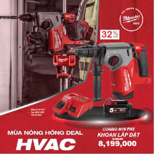 Combo Máy Khoan Búa Milwaukee M18 FHX cùng Pin M18B5 và Sạc M12-18C - Thích Hợp cho Công Trình Điện Nước và Điện Lạnh