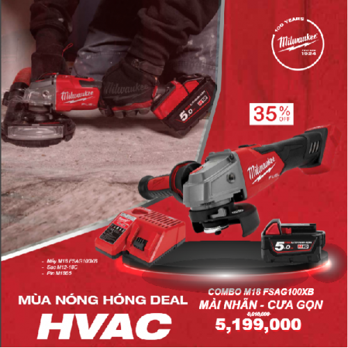 Combo Milwaukee M18 FSAG100XB: Thích Hợp Cho Thợ Cơ Khí, Mộc, Đá, Ô Tô - Máy Mài, Cắt, Cưa, Chà Nhám và Đánh Bóng - Kèm 1 Pin M18B5 và 1 Sạc M12-18C